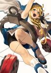  1boy bare_legs blonde_hair blue_eyes bridget_(guilty_gear) cross cuffs fingerless_gloves gloves guilty_gear guilty_gear_xx habit hair_between_eyes handcuffs highres long_hair nun open_mouth otoko_no_ko poch4n short_shorts shorts signature simple_background smile waving white_background yo-yo 