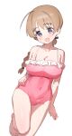  1girl ahoge blue_eyes blush braid breasts brown_hair cleavage covered_navel eyebrows_visible_through_hair large_breasts long_hair lynette_bishop mejina open_mouth single_braid smile solo strike_witches swimsuit world_witches_series 
