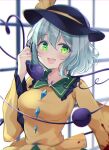  1girl :d aqua_hair backlighting blood bloody_clothes blouse blurry blush breasts commentary_request depth_of_field eyeball green_eyes green_skirt hand_up hat heart heart_of_string highres holding holding_phone indoors koishi_day komeiji_koishi large_breasts looking_at_viewer miy@ open_mouth phone short_hair skirt smile solo third_eye touhou upper_body window yellow_blouse 