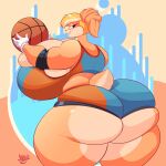  absurd_res anthro ball basketball_(ball) big_breasts big_butt blonde_hair breasts butt female hair hi_res huge_breasts huge_butt hyper hyper_breasts jaeh lagomorph leporid lola_bunny looney_tunes mammal rabbit solo thick_thighs warner_brothers 