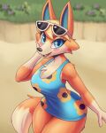 absurd_res animal_crossing anthro audie_(animal_crossing) blonde_hair blue_eyes blush blush_stickers breasts canid canine canis chest_tuft clothed clothing cooliehigh cute_fangs detailed_background dipstick_tail dress eyelashes eyewear eyewear_on_head female fully_clothed fur gloves_(marking) hair hand_on_face hi_res high-angle_view looking_at_viewer looking_up mammal markings multicolored_tail nintendo open_mouth orange_body orange_fur outside portrait sand smile solo sunglasses sunglasses_on_head three-quarter_portrait tongue tuft video_games wolf 