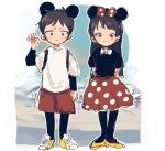  1boy 1girl animal_ears black_hair bow cosplay disney highres layered_skirt long_hair mickey_mouse mickey_mouse_(cosplay) mickey_mouse_ears minnie_mouse minnie_mouse_(cosplay) minnie_mouse_ears mouse_ears nojiko_(natumag) polka_dot polka_dot_skirt short_hair shorts skirt smile south_park stan_marsh wendy_testaburger 