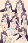  1girl adjusting_clothes adjusting_swimsuit bent_over blue_eyes blue_hair breasts cetus_kkk character_sheet cleavage closed_mouth dated eyebrows_visible_through_hair hair_ornament highres large_breasts looking_at_viewer ningyo_hime_(sinoalice) purple_hair sad sidelocks signature sinoalice sketch solo swimsuit tan_background 