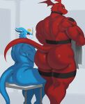  absurd_res bandai_namco blush bodily_fluids butt digimon digimon_(species) duo exveemon guilmon hi_res male muscular muscular_male rear_view reptile scalie sitting sssonic2 standing sweat 