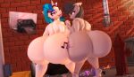 3d_(artwork) anthro anthrofied big_breasts big_butt black_hair breasts butt conditional_dnp crouching cutie_mark digital_media_(artwork) duo earth_pony equid equine female friendship_is_magic grey_body hair hand_holding hand_on_leg hand_on_thigh hasbro hi_res horn horse huge_butt looking_at_viewer looking_back looking_back_at_viewer mammal multicolored_hair my_little_pony nipples octavia_(mlp) pony public public_nudity purple_eyes rear_view red_eyes snuddy two_tone_hair unicorn vinyl_scratch_(mlp) white_body 
