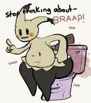  anonymous_artist anthro big_(disambiguation) bodily_fluids bottomless breasts butt clothed clothing dialogue ditto_(disambiguation) duo fart feces female humiliation implied_scat mimikyu nintendo pok&eacute;mon pok&eacute;mon_(species) pooping_on_another rumbling_stomach scat smile stop_thinking_about_sex sweat thick_thighs toilet toilet_bowl toilet_use transformation video_games 
