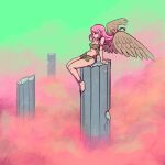  1girl above_clouds akairiot barefoot brown_wings column expressionless feathered_wings highres long_hair navel original pillar pink_hair pointy_ears profile smoke solo wide_shot wings 