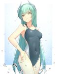  1girl arata_(noneetyesnito) competition_swimsuit covered_navel cowboy_shot droplet fate/grand_order fate_(series) green_hair highres horns kiyohime_(fate) long_hair one-piece_swimsuit swimsuit swimsuit_tug water yellow_eyes 