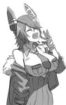  1girl breasts closed_eyes eyepatch fur-trimmed_jacket fur_trim gloves greyscale hair_over_one_eye highres jacket kantai_collection large_breasts long_sleeves messy_hair monochrome open_mouth remodel_(kantai_collection) short_hair solo teeth tenryuu_(kancolle) yawning yue_(tada_no_saboten) 