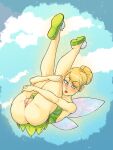  blonde_hair blue_eyes blush clothed clothing cloud day disney fairy female flying footwear genitals hair hi_res humanoid humanoid_pointy_ears insect_wings legs_up lipstick looking_at_viewer makeup ninscreations no_underwear not_furry plump_labia pose pussy skimpy smile solo tinkerbell winged_humanoid wings 