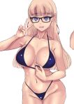  1girl bangs bare_shoulders bikini black_bikini blonde_hair blue_eyes blush breasts cleavage collarbone glasses highres large_breasts long_hair looking_at_viewer navel nenchi open_mouth simple_background smile swimsuit thighs v white_background 