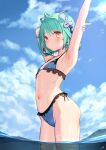  1girl ahoge animal_ears armpits bangs bikini blue_bikini blush cat_ears caustics day double_bun green_hair hair_ornament highres hololive navel outdoors red_eyes shiny shiny_hair shiny_skin short_hair sidelocks skull_hair_ornament solo standing swimsuit uruha_rushia wet yasuyuki 