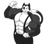  anthro belt big_muscles blush bottomwear cat_tail clothed clothing denim denim_clothing domestic_cat epic_games felid feline felis flexing fortnite huge_muscles huge_pecs jeans male mammal meowscles_(fortnite) muscular muscular_anthro muscular_male omegabrawl overalls pants pecs smile smirk solo toony topless video_games 