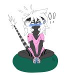  absurd_res anthro blue_blush blue_pawpads bottomless_female clothing covering covering_self disco_(tricket) embarrassed felid female hair hi_res hybrid-no.1 lion mammal pantherine pawpads pink_clothing pink_shirt pink_topwear shirt solo striped_tail stripes topwear white_hair 