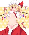  ! 1girl :d assisted_exposure blonde_hair blush breasts cameltoe clothes_pull commentary_request cowboy_shot crystal fang flandre_scarlet hands_up hat heart heart_background mob_cap motion_lines nipples nose_blush one_side_up open_mouth panties red_eyes red_shirt red_skirt rizento shirt short_hair simple_background skirt skirt_pull small_breasts smile solo spoken_exclamation_mark sweat touhou underwear wings 