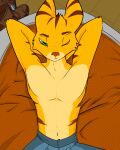  anthro bed bedroom_eyes boots bottomwear clothed clothing footwear furniture green_eyes hand_behind_head hi_res lombax male mammal narrowed_eyes pants ratchet ratchet_and_clank seductive shirtless_male solo sony_corporation sony_interactive_entertainment tired topless video_games xaskai yellow_body 