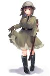  1girl belt boots brown_eyes brown_hair frills full_body gloves helmet highres katana medium_hair military military_uniform necktie original pith_helmet ponkan_(ma_hassaku) scabbard sheath sheathed skirt_hold solo sword uniform weapon white_background 