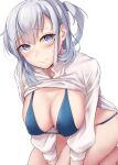  1girl absurdres bare_legs blue_eyes blush breasts cleavage closed_mouth eyebrows_visible_through_hair hair_between_eyes highres kantai_collection kiritto large_breasts long_hair long_sleeves one_side_up shirt silver_hair simple_background solo suzutsuki_(kancolle) white_background white_shirt 