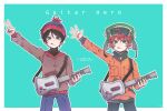  2boys arm_up beanie black_hair blue_eyes brown_jacket fur_hat green_eyes guitar guitar_hero hat holding holding_instrument instrument jacket kyle_broflovski multiple_boys orange_jacket red_hair short_hair south_park stan_marsh tongue tongue_out ushanka 