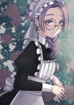  1girl absurdres alternate_costume apron black_dress braid brooch character_request chuto_fm closed_mouth collared_shirt copyright_request cowboy_shot cuffs dress enmaided floral_background flower frilled_apron frills glasses hands_together highres jewelry long_sleeves looking_at_viewer maid maid_apron maid_day maid_headdress purple_eyes rose round_eyewear shirt smile solo standing virtual_youtuber white_apron 