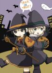  2girls bat black_hair blonde_hair chito_(shoujo_shuumatsu_ryokou) fang hat kishimen_udn looking_at_viewer multiple_girls open_mouth outdoors pumpkin robe shoujo_shuumatsu_ryokou speech_bubble staff standing trick_or_treat witch_hat yuuri_(shoujo_shuumatsu_ryokou) 