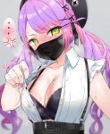  1girl black_bra blush bra frikulu green_eyes hair_ornament highres hololive long_hair looking_at_viewer mask mouth_mask purple_hair solo surgical_mask sweat tokoyami_towa twintails underwear virtual_youtuber 