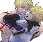  2boys ahoge arm_around_shoulder armor arthur_pendragon_(fate) bangs blonde_hair blue_eyes earrings fate_(series) gauntlets gilgamesh_(fate) hand_up highres holding hood hood_down jewelry kometubu0712 long_sleeves lower_teeth male_focus multiple_boys open_mouth pushing_away red_eyes shiny shiny_hair short_hair simple_background smile sweat tattoo white_background yaoi 