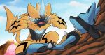  absurdres blue_eyes claws closed_eyes cloud commentary_request day drooling electricity fangs gen_4_pokemon gen_7_pokemon highres huka_(beak130) invincible_(series) looking_at_another lucario lying meme mythical_pokemon on_back open_mouth outdoors pokemon pokemon_(creature) sky spikes tongue yellow_fur zeraora 