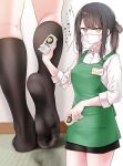  1girl apron black_hair black_legwear breasts brown_eyes can highres kneehighs long_hair looking_at_viewer mask mouth_mask name_tag oouso original ponytail skirt small_breasts solo translation_request 