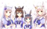  4girls :&lt; :o absurdres animal_ears biwa_hayahide_(umamusume) blue_eyes blue_hair blush bow breasts brown_eyes brown_hair ear el_condor_pasa_(umamusume) eyebrows_visible_through_hair eyewear_removed gold_ship_(umamusume) hat hat_removed headwear_removed highres horse_ears horse_girl kane-neko long_hair looking_at_viewer mask mask_removed multiple_girls purple_eyes ribbon school_uniform silver_hair tracen_school_uniform umamusume white_hair zenno_rob_roy_(umamusume) 