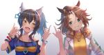  2girls :d \m/ animal_ears bangs bead_bracelet beads blue_hair bracelet brown_hair commentary_request daitaku_helios_(umamusume) ear_covers eyebrows_visible_through_hair fang green_eyes grin hand_up hands_up harpe highres horse_ears horse_girl jacket jewelry long_hair looking_at_another mejiro_palmer_(umamusume) multicolored_hair multiple_girls necklace open_mouth ponytail shirt short_sleeves skin_fang smile streaked_hair striped striped_shirt umamusume upper_body white_hair white_jacket wristband yellow_eyes yellow_shirt yu_ni_t 