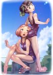  2girls barefoot black_hair day feet hair_bun head_on_ass multiple_girls open_mouth orange_hair original outdoors school_swimsuit short_hair sitting soles soon_(c-u-soon) swimsuit 