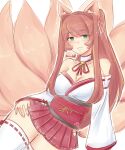  1girl absurdres animal_ears bangs bare_shoulders bell blush breasts brown_hair choker cleavage detached_sleeves doki_doki_literature_club english_commentary eyebrows_visible_through_hair fox_ears fox_tail green_eyes hair_intakes highres kemonomimi_mode kitsune large_breasts long_hair looking_at_viewer miniskirt monika_(doki_doki_literature_club) multiple_tails neck_bell obi pleated_skirt ponytail raion_(raionart) red_skirt sash skirt solo tail thick_thighs thigh_gap thighhighs thighs twitter_username very_long_hair white_background white_choker white_legwear white_sleeves wide_hips zettai_ryouiki 
