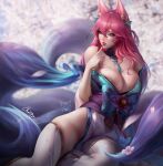  ahri animal_ears cleavage kimono kitsune league_of_legends no_bra nopan open_shirt tagme tail thighhighs 