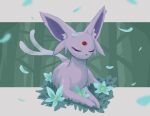  closed_eyes commentary_request espeon flower forked_tail gen_2_pokemon highres lying misodaifuku no_humans on_stomach petals pokemon pokemon_(creature) purple_fur solo tail 