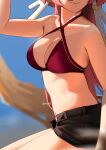  1girl absurdres arm_up bare_arms bare_shoulders bikini black_shorts breasts cleavage criss-cross_halter genshin_impact halterneck head_out_of_frame highres horns long_hair medium_breasts navel open_fly parted_lips pink_hair red_bikini short_shorts shorts solo stomach swimsuit wusie2 yanfei_(genshin_impact) 