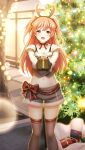  1girl :d antlers bangs black_gloves bow box breasts brown_eyes brown_hair brown_legwear brown_ribbon christmas christmas_tree cleavage collarbone crop_top day doukyuusei_another_world eyebrows_visible_through_hair fake_antlers fur-trimmed_gloves fur-trimmed_shorts fur_trim game_cg gift gift_bag gift_box gloves grey_shorts hair_between_eyes hair_ribbon holding holding_box lens_flare long_hair looking_at_viewer medium_breasts midriff navel neck_ribbon official_art open_mouth outdoors red_bow reindeer_antlers ribbon sendou_airi shiny shiny_clothes shiny_hair shiny_legwear short_shorts shorts smile solo standing stomach thighhighs twintails very_long_hair 