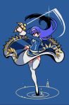  1girl absurdres akairiot bangs blue_background dress floating_hair glint grey_hairband hairband highres holding holding_sword holding_weapon leg_up long_hair long_sleeves open_mouth orie_(under_night_in-birth) purple_hair simple_background solo sword thighhighs under_night_in-birth weapon white_legwear 