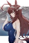  1girl absurdres animal_ears bangs bare_arms bare_shoulders blue_eyes blue_swimsuit breasts brown_hair closed_mouth competition_swimsuit drying drying_hair eyebrows_visible_through_hair from_side highres horse_ears horse_girl horse_tail kongbai_huanxiang large_breasts long_hair looking_at_viewer looking_to_the_side mihono_bourbon_(umamusume) one-piece_swimsuit outside_border photo_background pool profile sideways_glance solo swimsuit tail towel umamusume very_long_hair wet 