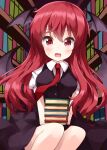  1girl bangs bat_wings black_skirt black_vest book book_stack bookshelf commentary_request eyebrows_visible_through_hair fang hair_between_eyes head_wings highres holding holding_book indoors koakuma library long_hair looking_at_viewer necktie open_mouth puffy_short_sleeves puffy_sleeves red_hair red_neckwear ruu_(tksymkw) shirt short_sleeves skirt solo touhou vest white_shirt wings 