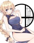  1girl ahoge bangs bare_legs blonde_hair blue_dress blue_eyes bow braid braided_ponytail breasts china_dress chinese_clothes cleavage cleavage_cutout clothing_cutout collar collared_dress dress dress_shirt fate/apocrypha fate/grand_order fate_(series) hair_between_eyes hair_bow jeanne_d&#039;arc_(fate) jeanne_d&#039;arc_(fate)_(all) large_breasts legs_together long_dress long_hair looking_at_viewer maru_(pixiv51714255) ponytail shiny shiny_clothes shiny_hair shirt side_slit sitting sleeveless sleeveless_dress smile solo thick_thighs thighs 