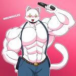  anthro belt big_muscles blush bottomwear cat_tail clothed clothing denim denim_clothing domestic_cat epic_games felid feline felis flexing fortnite fur ghost_meowscles gun gun_holster holster huge_muscles huge_pecs jeans male mammal meowscles_(fortnite) muscular muscular_anthro muscular_male omegabrawl overalls pants pecs ranged_weapon smile smirk solo topless video_games weapon white_body white_fur 