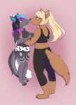  anthro barefoot blonde_hair blush brown_body brown_fur canid canine canis clothed clothing domestic_dog duo ear_piercing ear_ring eye_contact feet female female/female flirting_look foggy fur furgonomics hair highlights_(coloring) how_to_talk_to_short_people husky jackal lifted lifting long_hair looking_at_another mammal meme nordic_sled_dog pajamas piercing ponytail simple_background size_difference smile sonja_wusky spitz tight_clothing wolf 