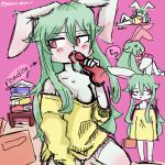  angry anthro blush blutep_(artist) bodily_fluids book breasts clothing dialogue disembodied_penis fellatio female genitals green_hair hair lagomorph leporid male mammal oral penile penis rabbit reading saliva sex solo sweater topwear 