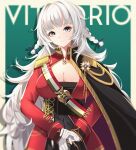  1girl absurdres azur_lane bangs black_skirt breasts cape cleavage closed_mouth dress grey_eyes grey_hair highres italian_flag looking_at_viewer medallion rabe26k red_dress simple_background skirt smile solo standing upper_body vittorio_veneto_(azur_lane) 