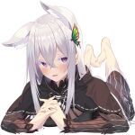  1girl absurdres animal_ear_fluff animal_ears barefoot black_dress butterfly_hair_ornament dress echidna_(re:zero) full_body hair_between_eyes hair_ornament highres jun_(aousa0328) kemonomimi_mode long_hair long_sleeves lying on_stomach open_mouth purple_eyes re:zero_kara_hajimeru_isekai_seikatsu simple_background smile solo white_background white_hair 