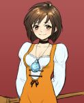  1girl bodysuit breasts brown_eyes brown_hair choker closed_mouth final_fantasy final_fantasy_ix garnet_til_alexandros_xvii jewelry looking_at_viewer necklace orange_bodysuit short_hair simple_background smile solo staff uboar weapon 