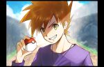  1boy blue_oak brown_hair cloud commentary_request day green_eyes holding holding_poke_ball jewelry looking_at_viewer male_focus necklace outdoors pillarboxed poke_ball poke_ball_(basic) pokemon pokemon_(game) pokemon_rgby punico_(punico_poke) purple_shirt shirt sky solo spiked_hair teeth 