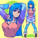  1girl akairiot arms_up bangs blue_eyes blue_hair blunt_bangs brown_footwear eyebrows_visible_through_hair highres humanization kelda_(akairiot) long_hair long_sleeves multiple_views original yellow_background 