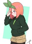  1girl bangs black_legwear blue_background blue_eyes blush breasts brown_shorts closed_mouth commentary_request cowboy_shot drawstring eyebrows_behind_hair from_side go-toubun_no_hanayome green_hoodie green_ribbon hand_in_pocket hand_up highres hood hood_down hoodie kujou_karasuma legwear_under_shorts long_sleeves looking_away medium_breasts nakano_yotsuba orange_hair pantyhose profile ribbon short_shorts shorts signature solo sweat two-tone_background wavy_mouth white_background 